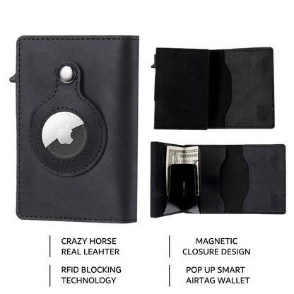 Portefeuille intelligent Airtag en cuir de vache FoxDrop™ CASEKEY pour homme, RFID Crazy Horse, fermeture magnétique en cuir de qualité supérieure, porte-cartes de crédit Airtag Pop-Up