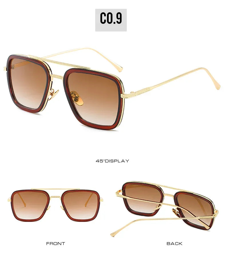 FoxDrop™ Steam Punk Tony Stark Sunglasses Men Women Fashion Square Driving Glasses Unisex Metal Frame Trendy Shades Oculos De Sol