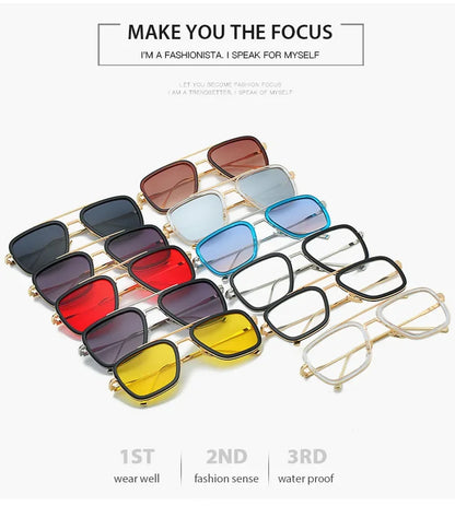 FoxDrop™ Steam Punk Tony Stark Sunglasses Men Women Fashion Square Driving Glasses Unisex Metal Frame Trendy Shades Oculos De Sol