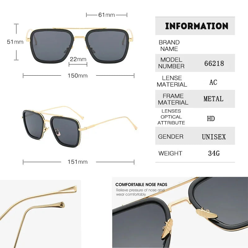 FoxDrop™ Steam Punk Tony Stark Sunglasses Men Women Fashion Square Driving Glasses Unisex Metal Frame Trendy Shades Oculos De Sol