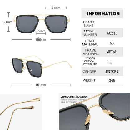 FoxDrop™ Steam Punk Tony Stark Sunglasses Men Women Fashion Square Driving Glasses Unisex Metal Frame Trendy Shades Oculos De Sol