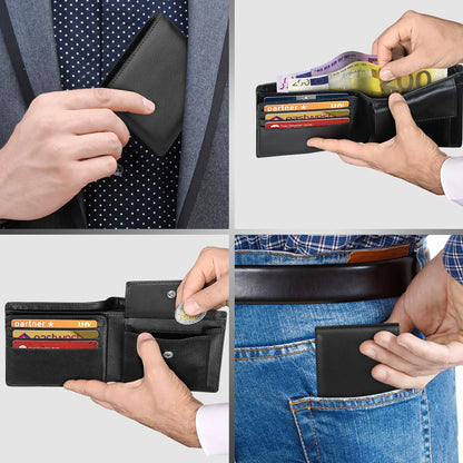 Portefeuille FoxDrop™ en cuir véritable pour homme, classique, noir, souple, avec poche pour pièces et porte-cartes de crédit