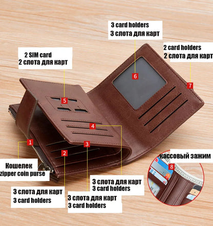 Portefeuille en cuir FoxDrop™ pour homme, porte-cartes RFID court de luxe pour homme, porte-monnaie à fermeture éclair, portefeuille portable pour homme