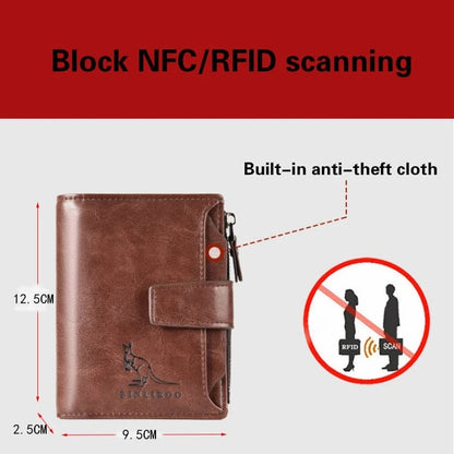 Portefeuille en cuir FoxDrop™ pour homme, porte-cartes RFID court de luxe pour homme, porte-monnaie à fermeture éclair, portefeuille portable pour homme