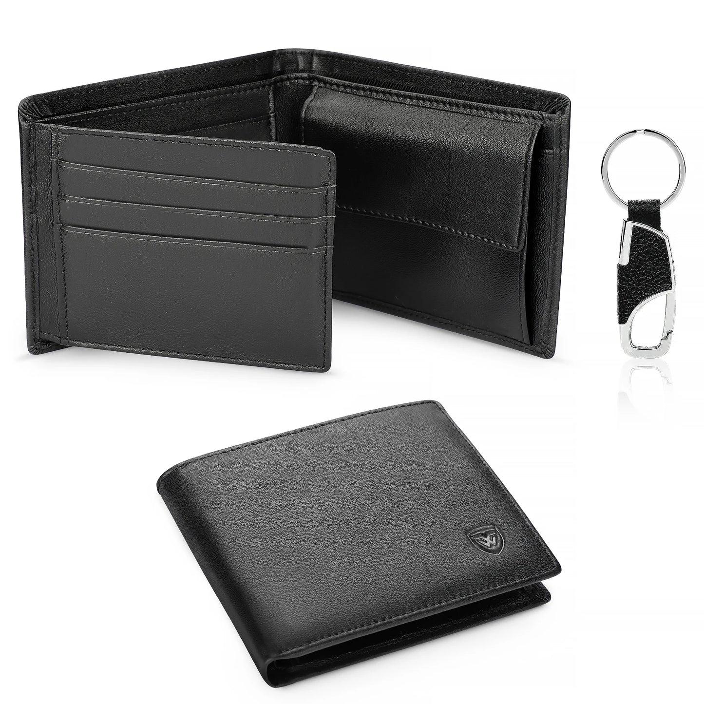Portefeuille FoxDrop™ en cuir véritable pour homme, classique, noir, souple, avec poche pour pièces et porte-cartes de crédit