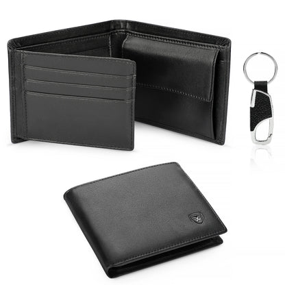 Portefeuille FoxDrop™ en cuir véritable pour homme, classique, noir, souple, avec poche pour pièces et porte-cartes de crédit