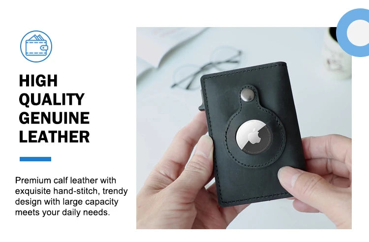 Portefeuille intelligent Airtag en cuir de vache FoxDrop™ CASEKEY pour homme, RFID Crazy Horse, fermeture magnétique en cuir de qualité supérieure, porte-cartes de crédit Airtag Pop-Up