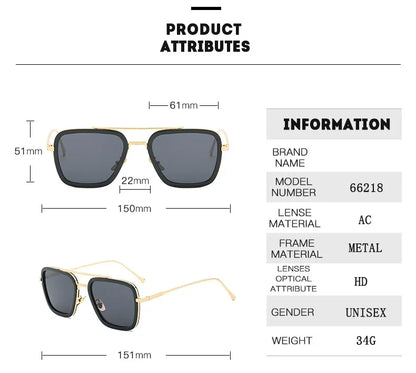 FoxDrop™ Steam Punk Tony Stark Sunglasses Men Women Fashion Square Driving Glasses Unisex Metal Frame Trendy Shades Oculos De Sol