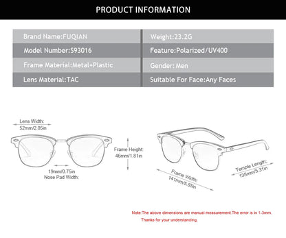 Lunettes de soleil polarisées classiques FoxDrop™ à demi-monture pour hommes et femmes, style rétro, rivets, petites lunettes de soleil pour hommes, populaires, noires, antireflets, pour voyage