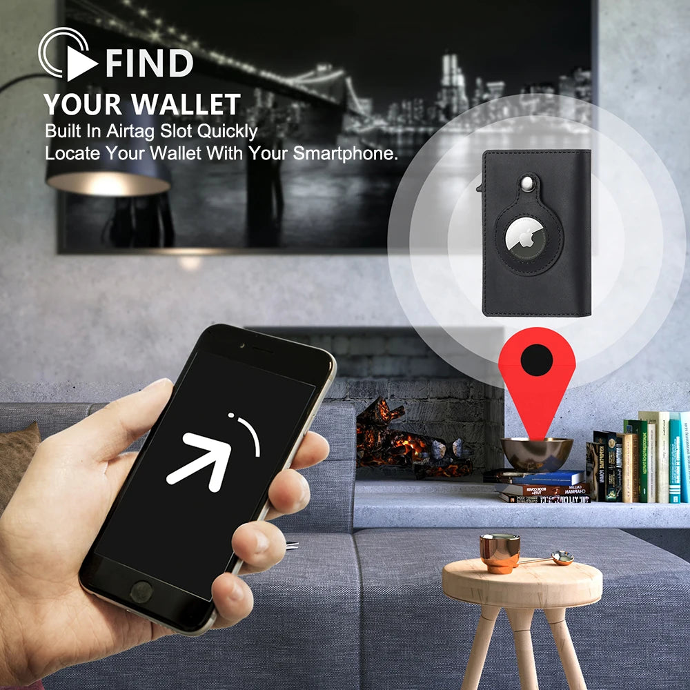 Portefeuille intelligent Airtag en cuir de vache FoxDrop™ CASEKEY pour homme, RFID Crazy Horse, fermeture magnétique en cuir de qualité supérieure, porte-cartes de crédit Airtag Pop-Up