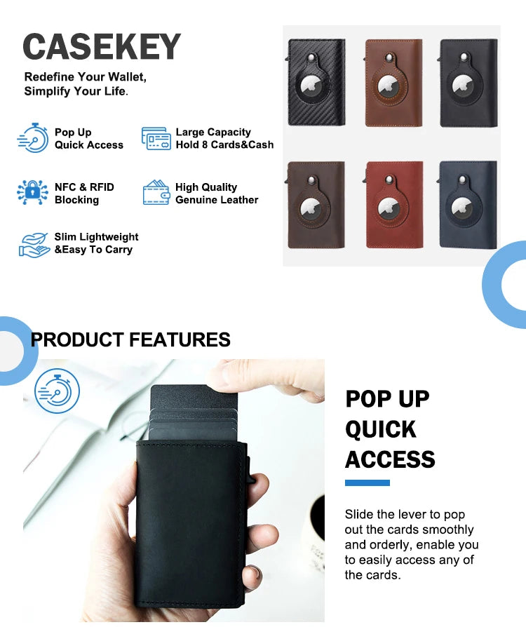 Portefeuille intelligent Airtag en cuir de vache FoxDrop™ CASEKEY pour homme, RFID Crazy Horse, fermeture magnétique en cuir de qualité supérieure, porte-cartes de crédit Airtag Pop-Up
